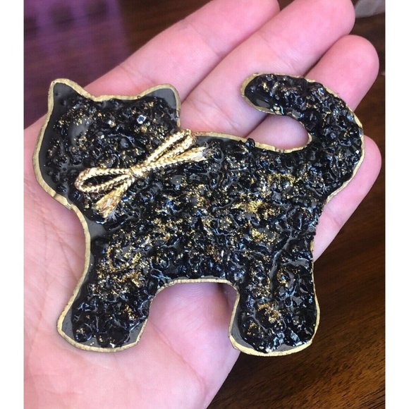 Vintage Sonia Lee Pacheco Black Gold Cat Brooch Pin Estate Artisan Designer